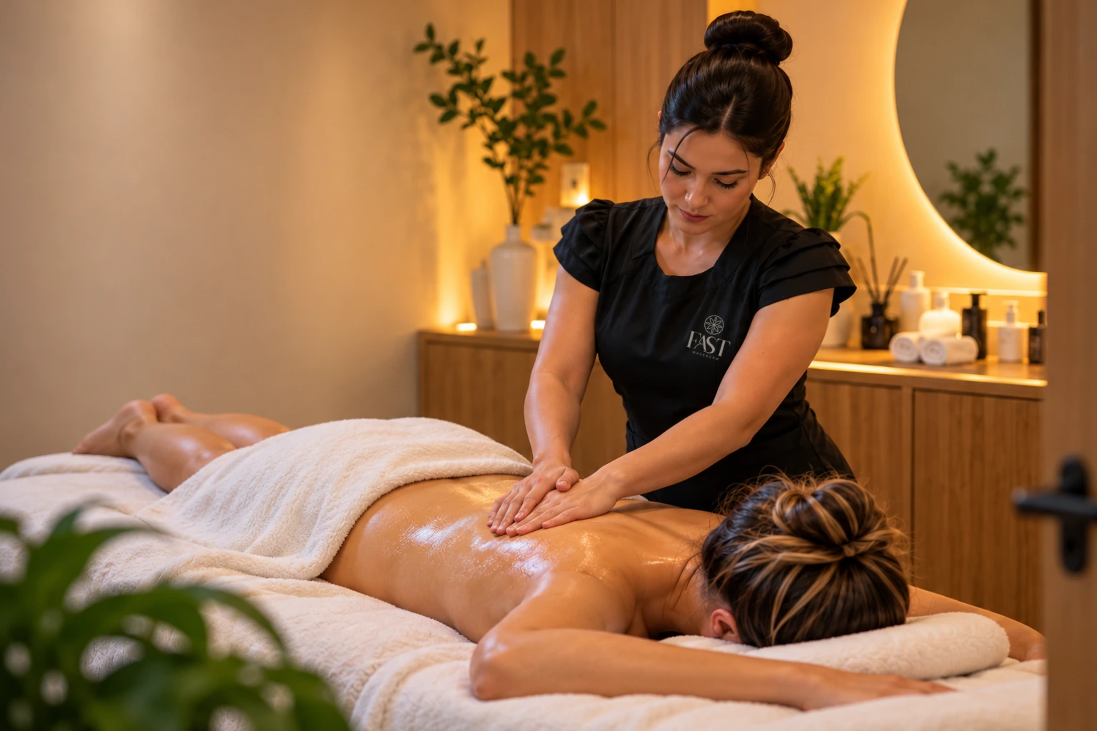 Massoterapeuta uniformizada em atendimento profissional na Fast Massagem